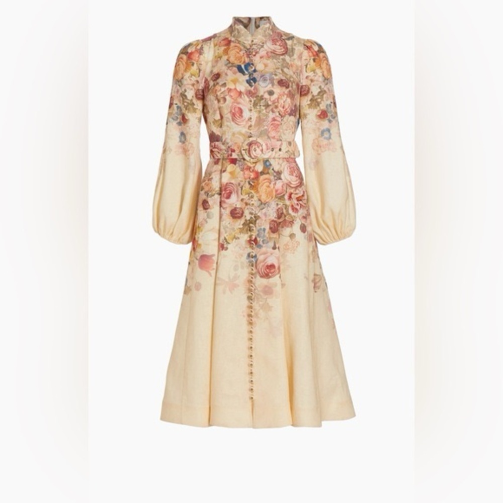 Zimmermann Luminosity Buttoned Morisot Cream Floral Linen Midi Dress Size 1